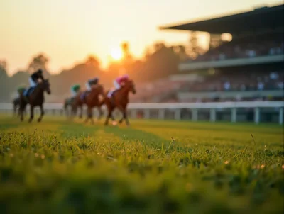 Thoroughbred Racehorses Competing On Turf Track At Sunset