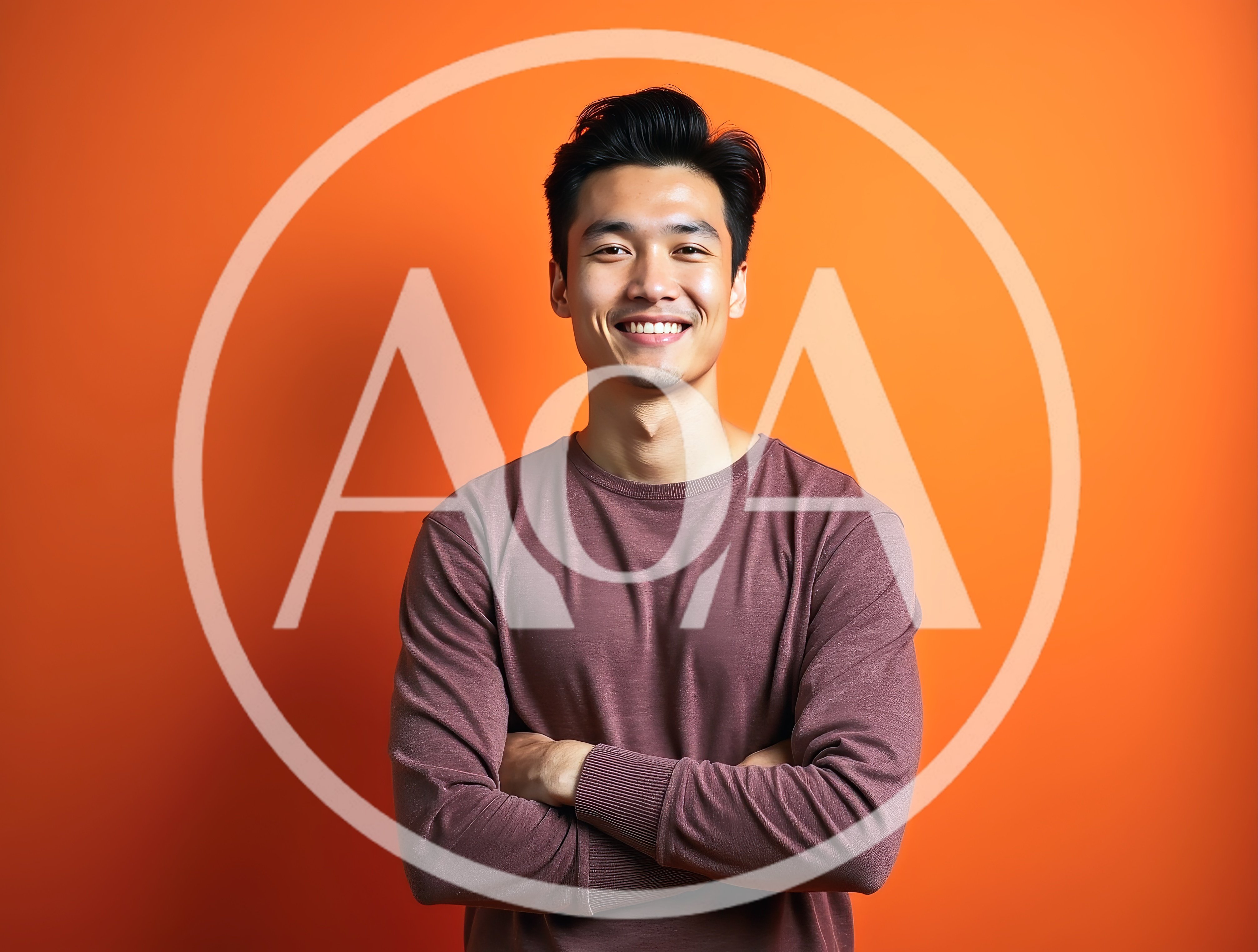 Smiling Asian Man With Crossed Arms Against Orange Background