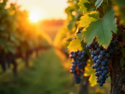 Ripe Purple Grapes Hanging In A Sunny Vineyard