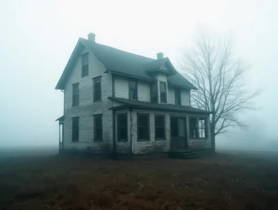 Abandoned Victorian Farmhouse In Dense Morning Fog