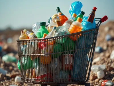 Shopping Cart Filled With Plastic Waste In Landfill