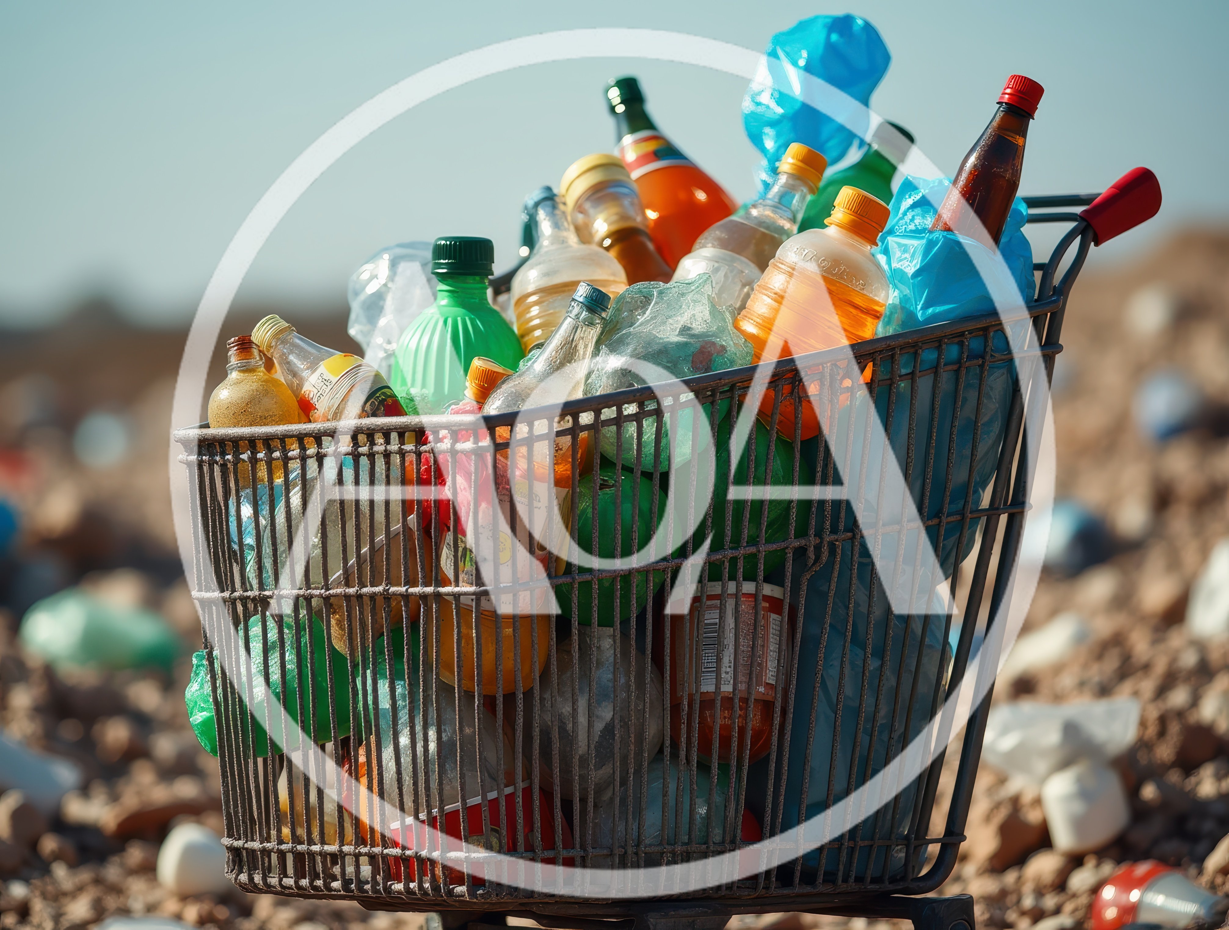Shopping Cart Filled With Plastic Waste In Landfill