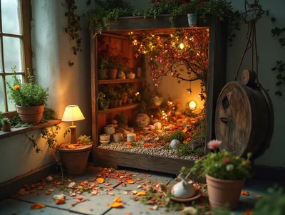 Miniature Indoor Garden Display In A Wooden Cabinet