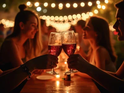 Friends Toasting With Wine Glasses At Outdoor Evening Party
