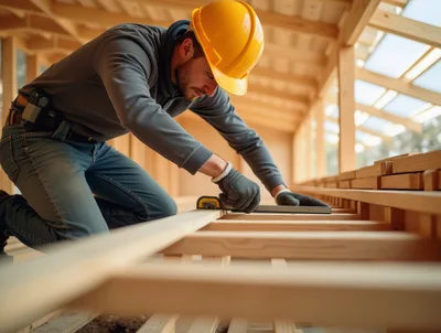 Construction Worker Measuring Wooden Joists On Building Site