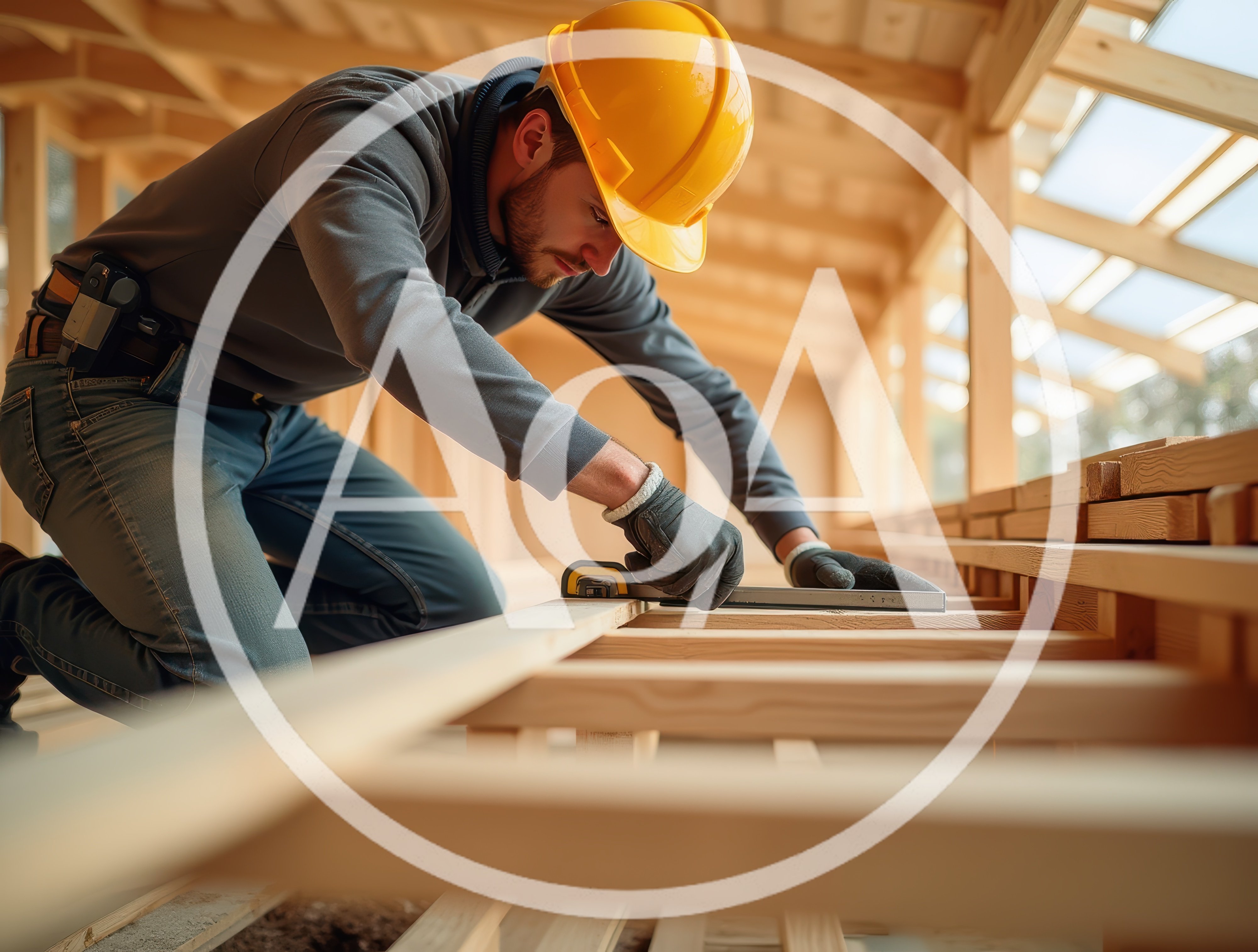 Construction Worker Measuring Wooden Joists On Building Site
