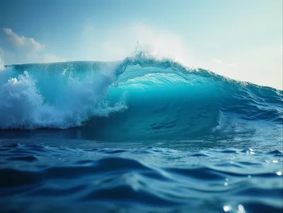 Powerful Blue Ocean Wave Breaking In Sunlight