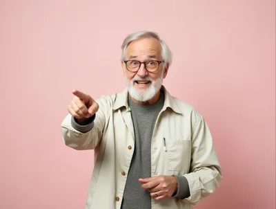 Cheerful Senior Man Pointing Forward