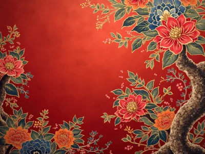 Traditional Chinese Floral Pattern On Red Background