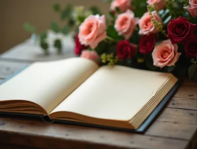 Open Blank Book With Bouquet Of Roses