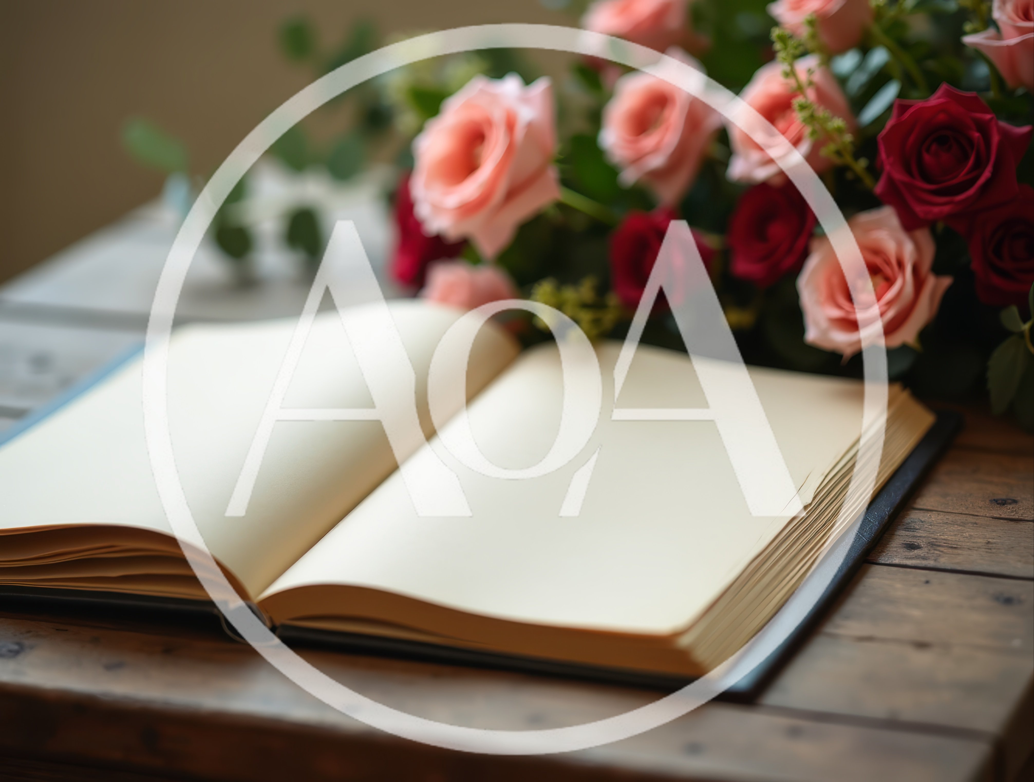 Open Blank Book With Bouquet Of Roses