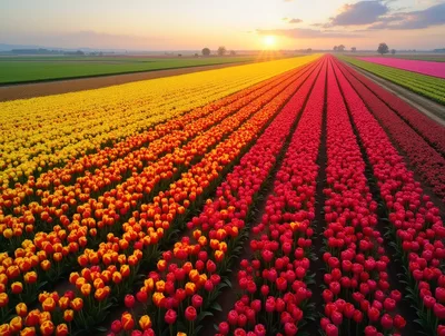 Vibrant Tulip Fields at Sunset in Holland