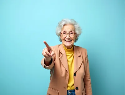 Cheerful Elderly Woman Pointing Forward