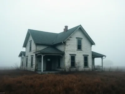 Abandoned Farmhouse Standing Alone In Dense Fog