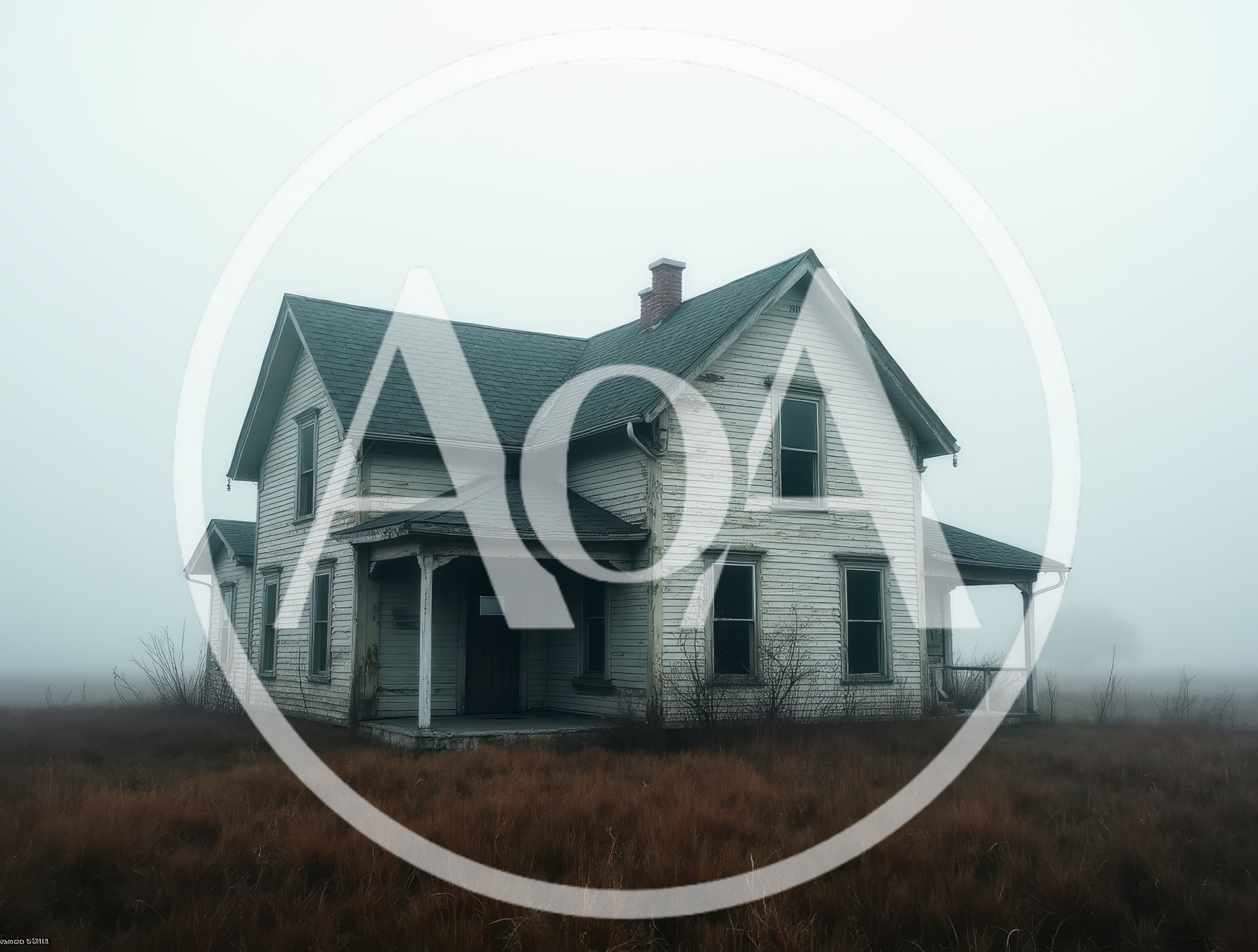 Abandoned Farmhouse Standing Alone In Dense Fog