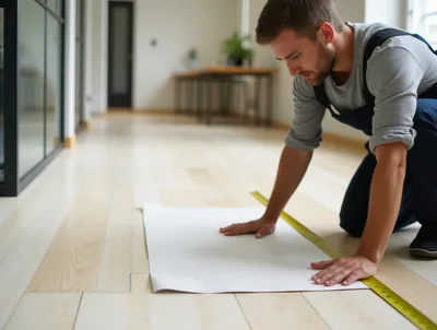 Contractor Measuring Blueprint On Hardwood Floor