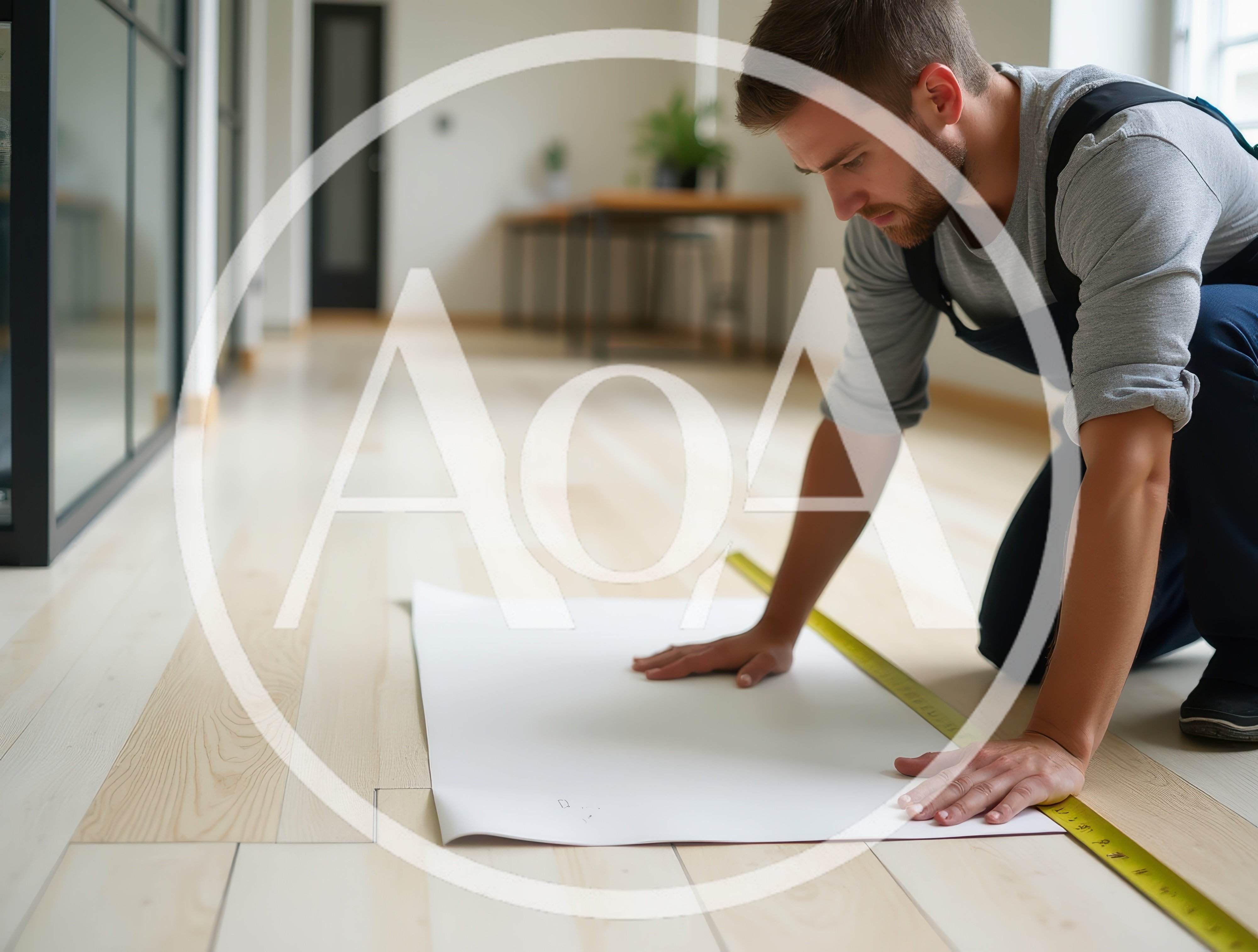 Contractor Measuring Blueprint On Hardwood Floor