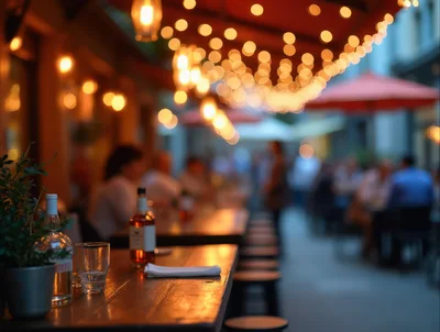 Outdoor Restaurant Terrace With String Lights At Dusk