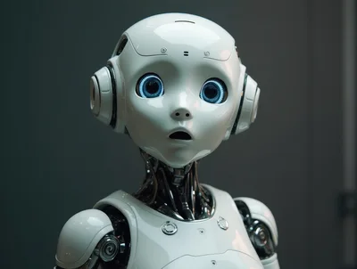Close Up Portrait Of A Cute White Android Robot