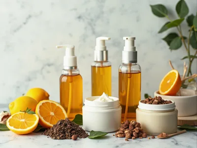 Natural Skincare Products With Citrus And Coffee Ingredients