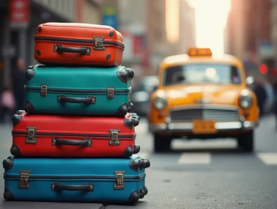 Stack Of Vintage Suitcases On City Street