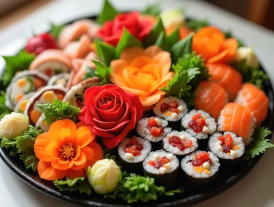 Gourmet Sushi Platter Decorated With Edible Vegetable Flowers