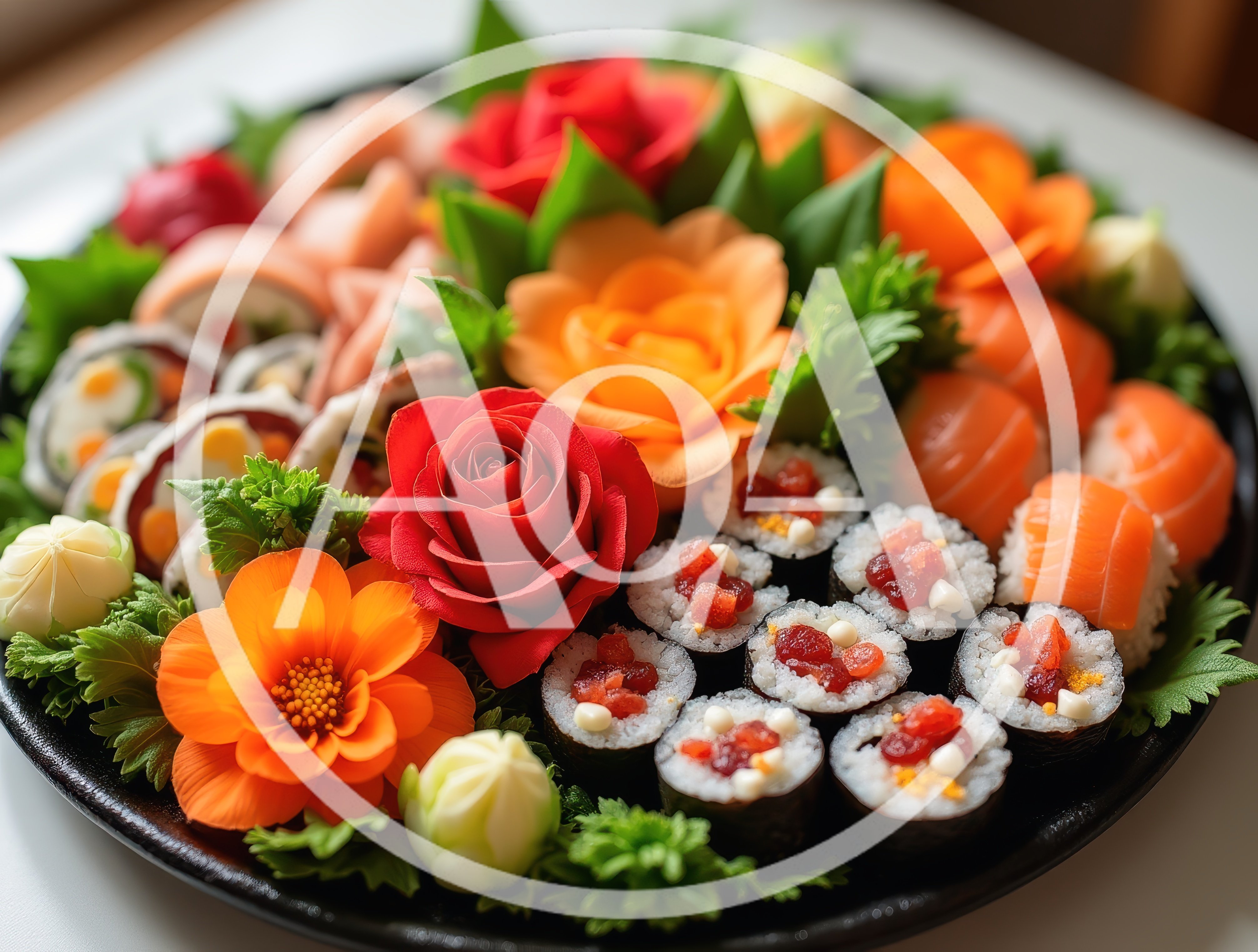 Gourmet Sushi Platter Decorated With Edible Vegetable Flowers