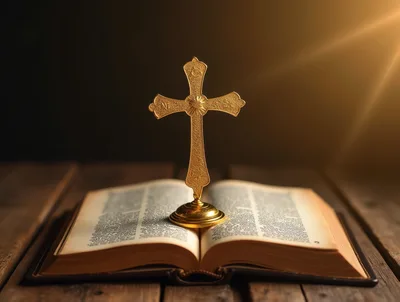 Golden Cross Standing On An Open Holy Bible