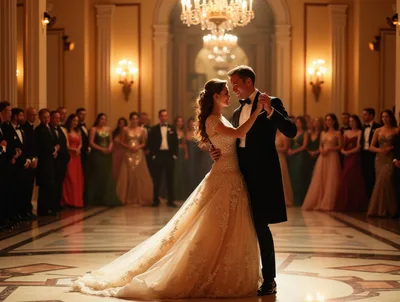 Elegant Newlyweds Dancing in a Grand Ballroom