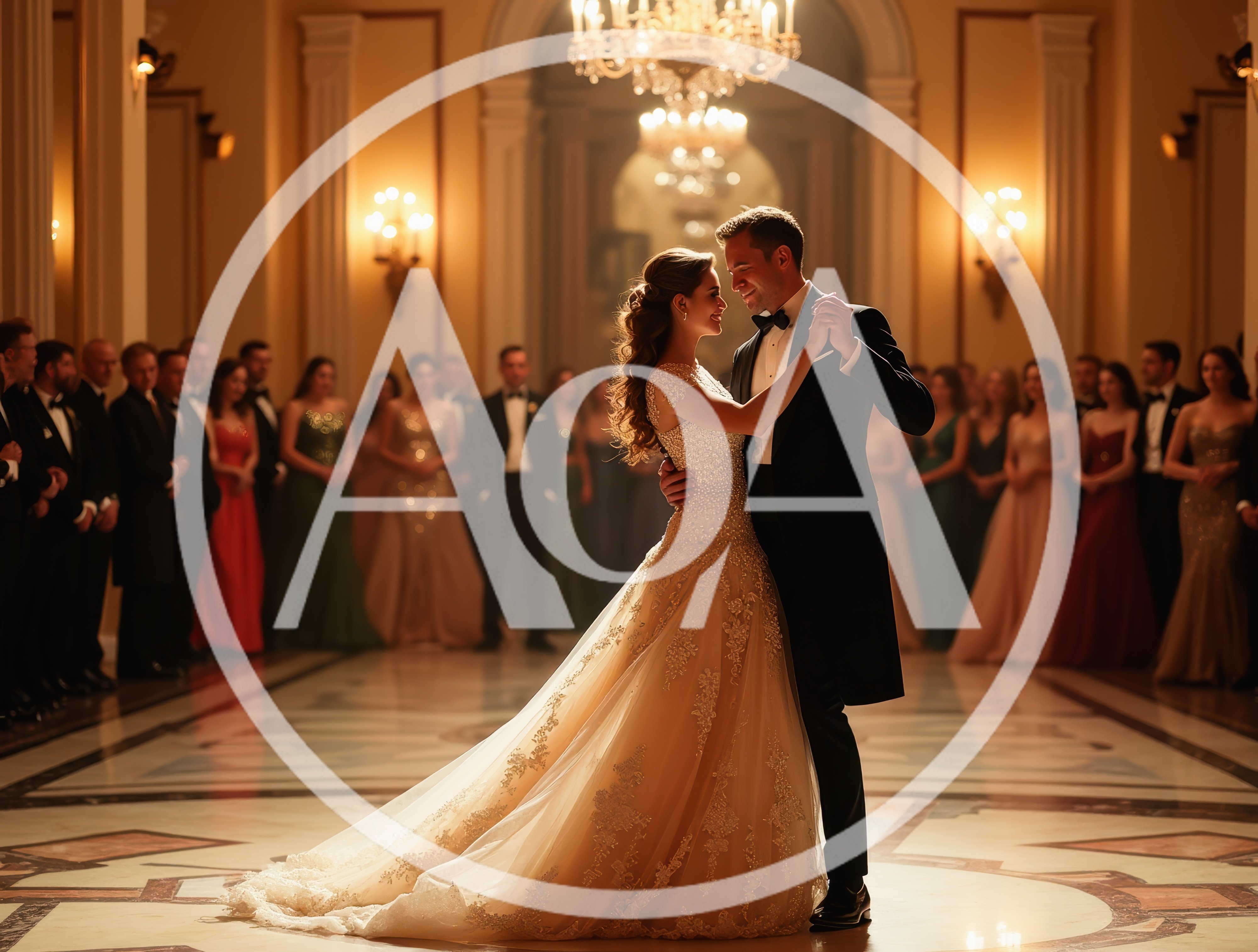 Elegant Newlyweds Dancing in a Grand Ballroom