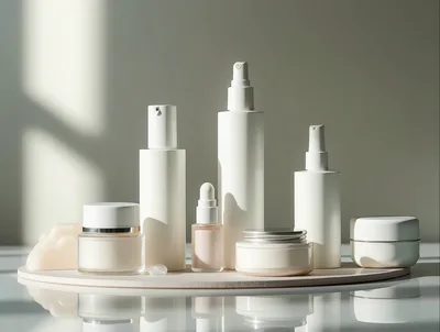 Collection Of White Skincare Cosmetic Bottles On Display