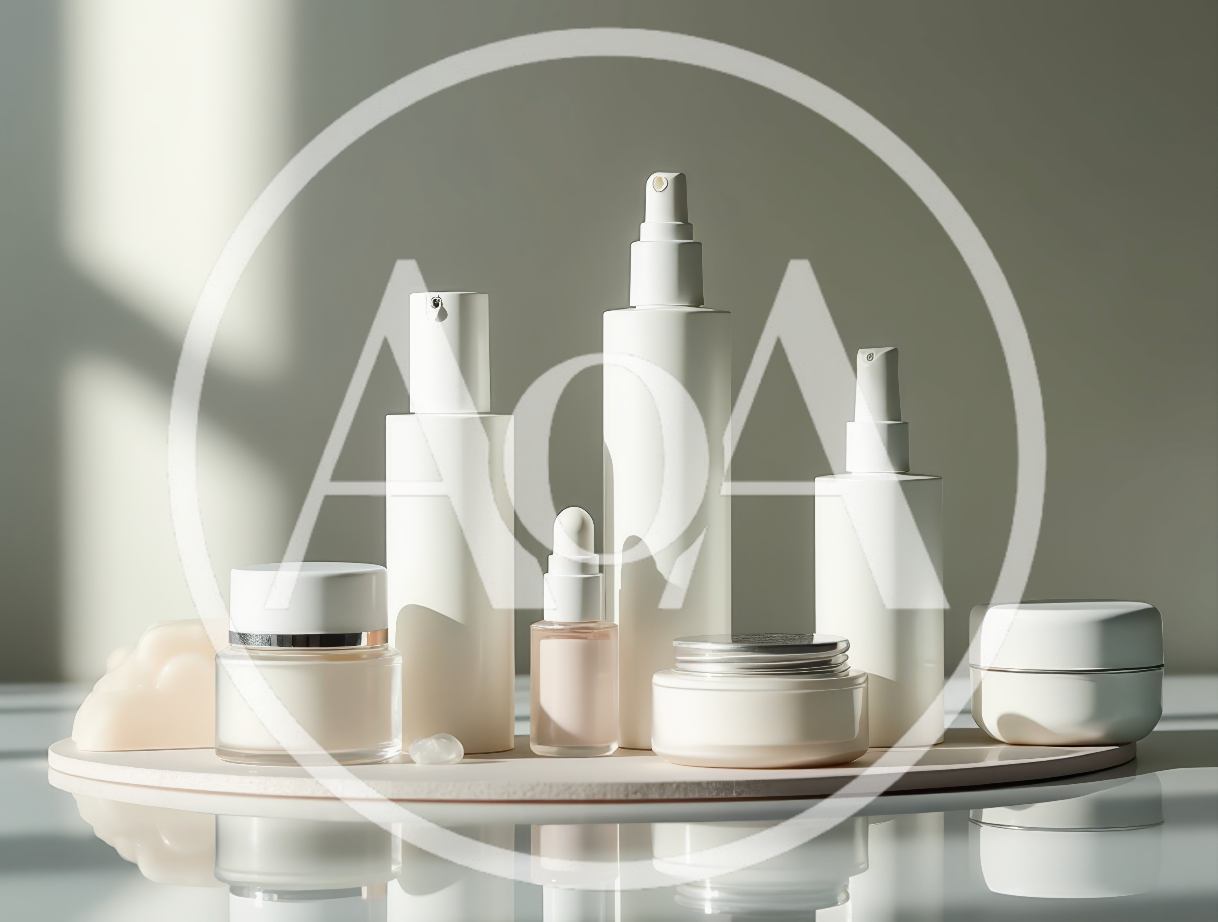 Collection Of White Skincare Cosmetic Bottles On Display