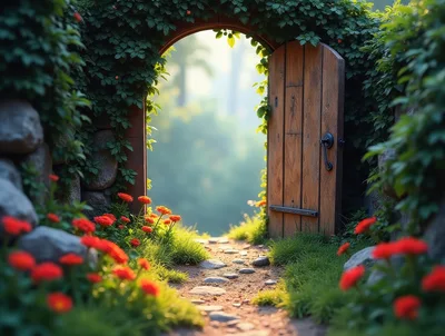 Open Wooden Garden Gate With Vibrant Red Flowers