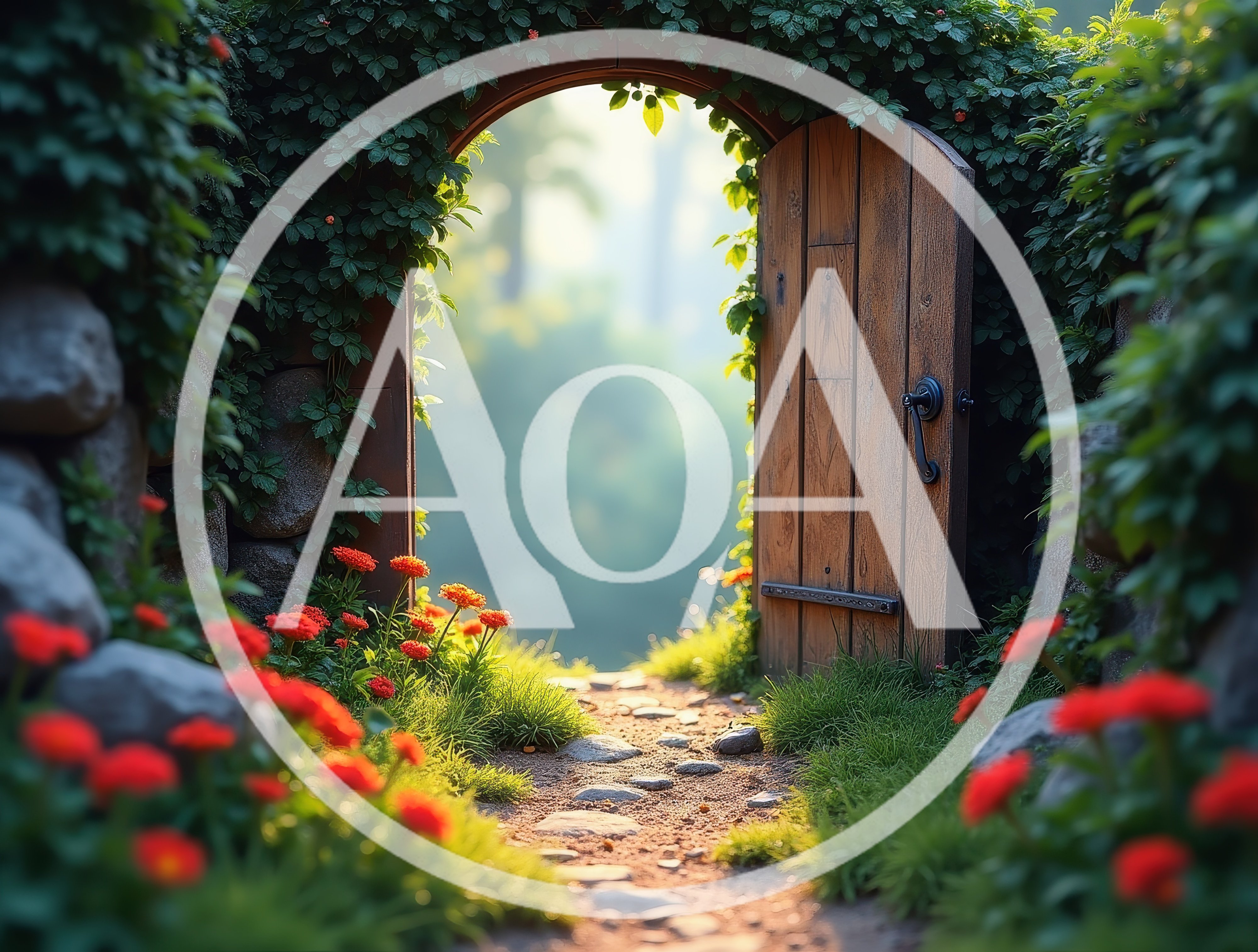 Open Wooden Garden Gate With Vibrant Red Flowers
