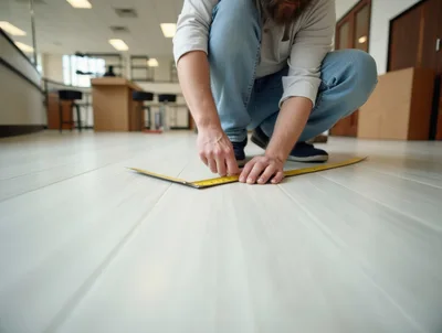 Man Measuring White Laminate Flooring With Tape Measure