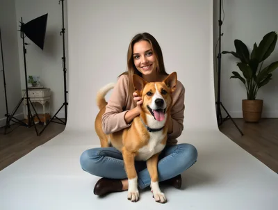 Young Woman Sitting With Her Dog In Studio