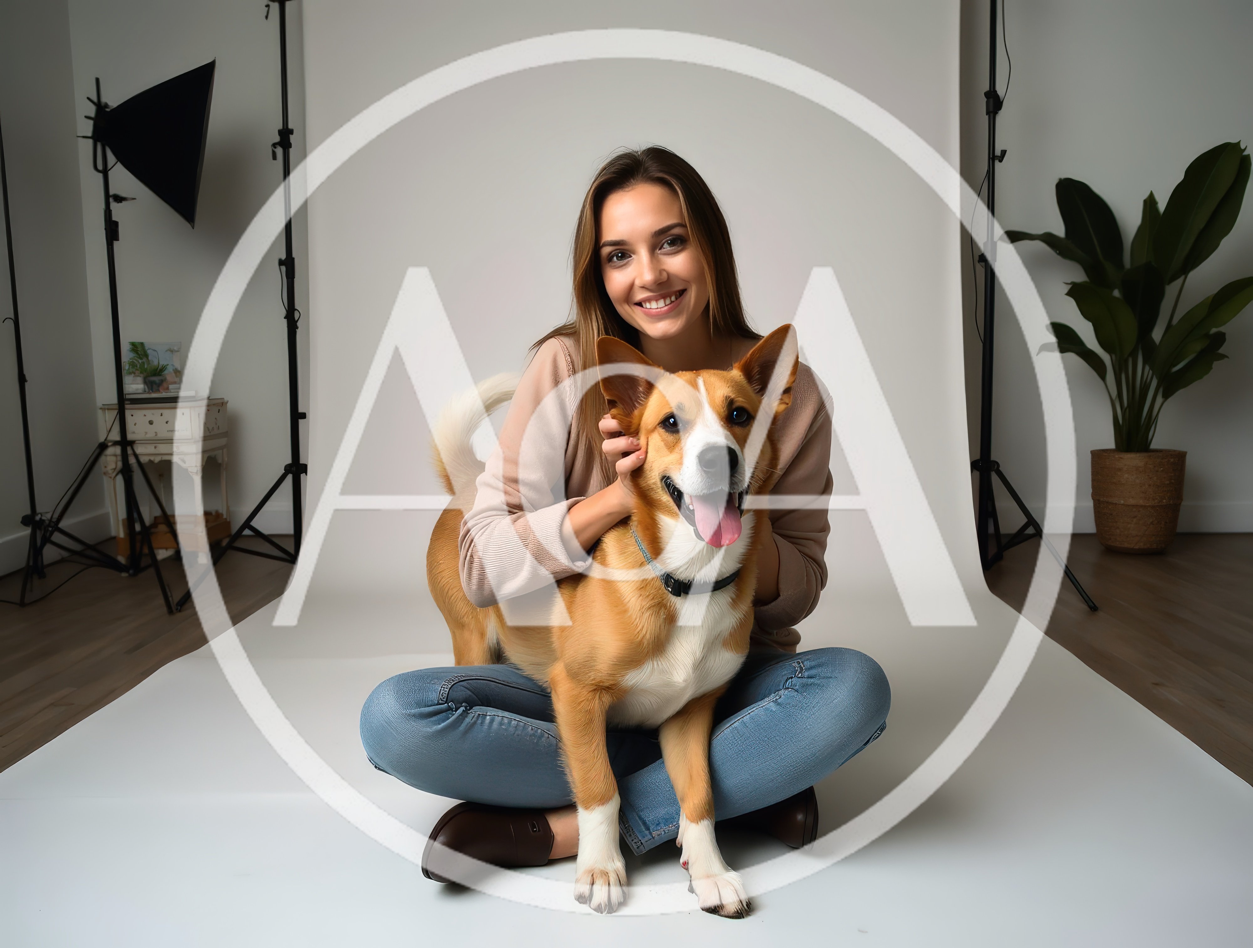Young Woman Sitting With Her Dog In Studio