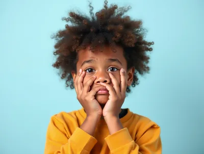 Young Boy With Curly Hair Holding Face In Hands