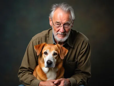Senior Man Embracing His Golden Retriever Dog