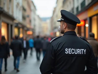 Security Guard Standing In A Busy City Street