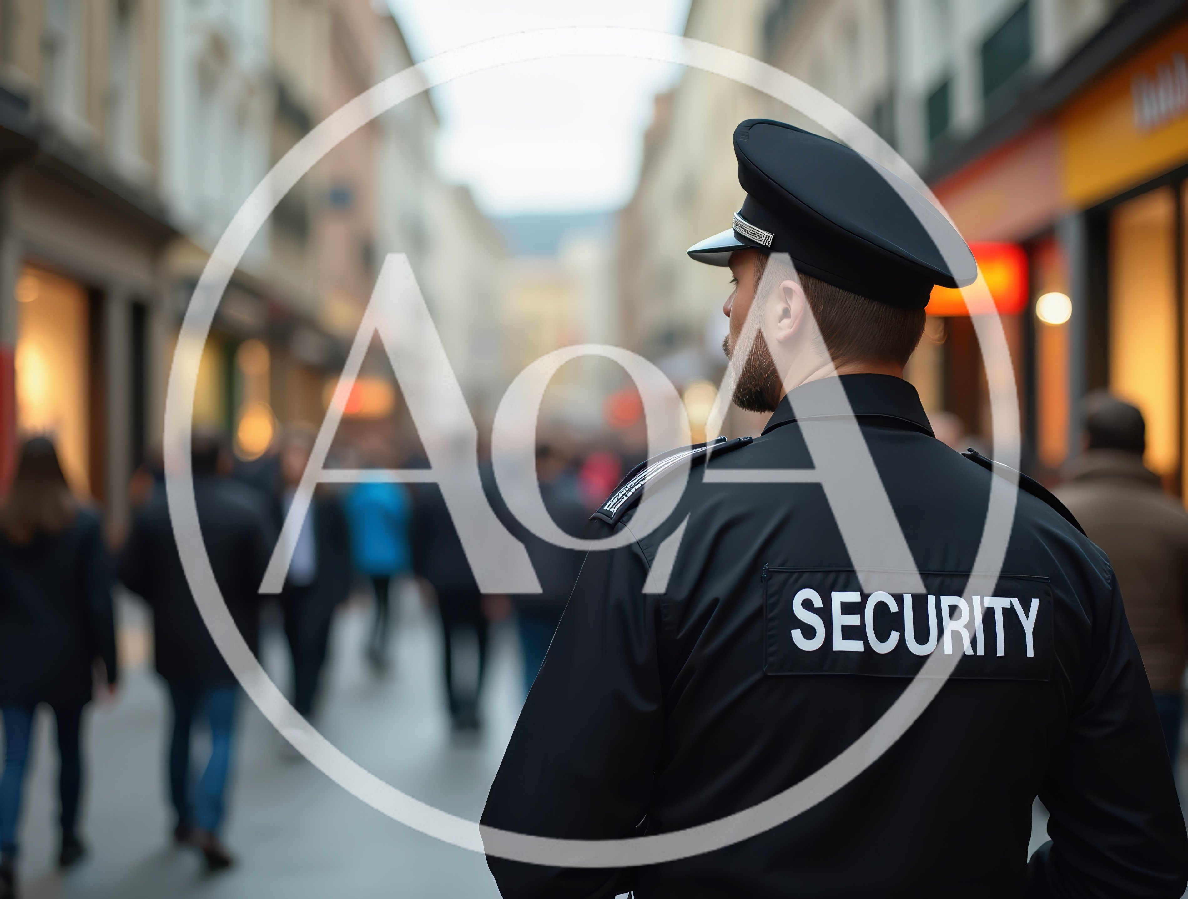 Security Guard Standing In A Busy City Street