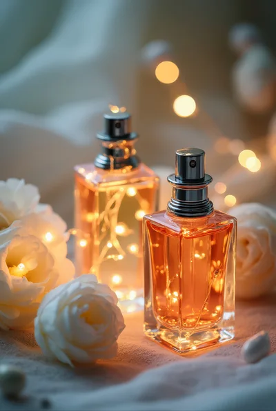 Two Perfume Bottles With Fairy Lights And White Roses