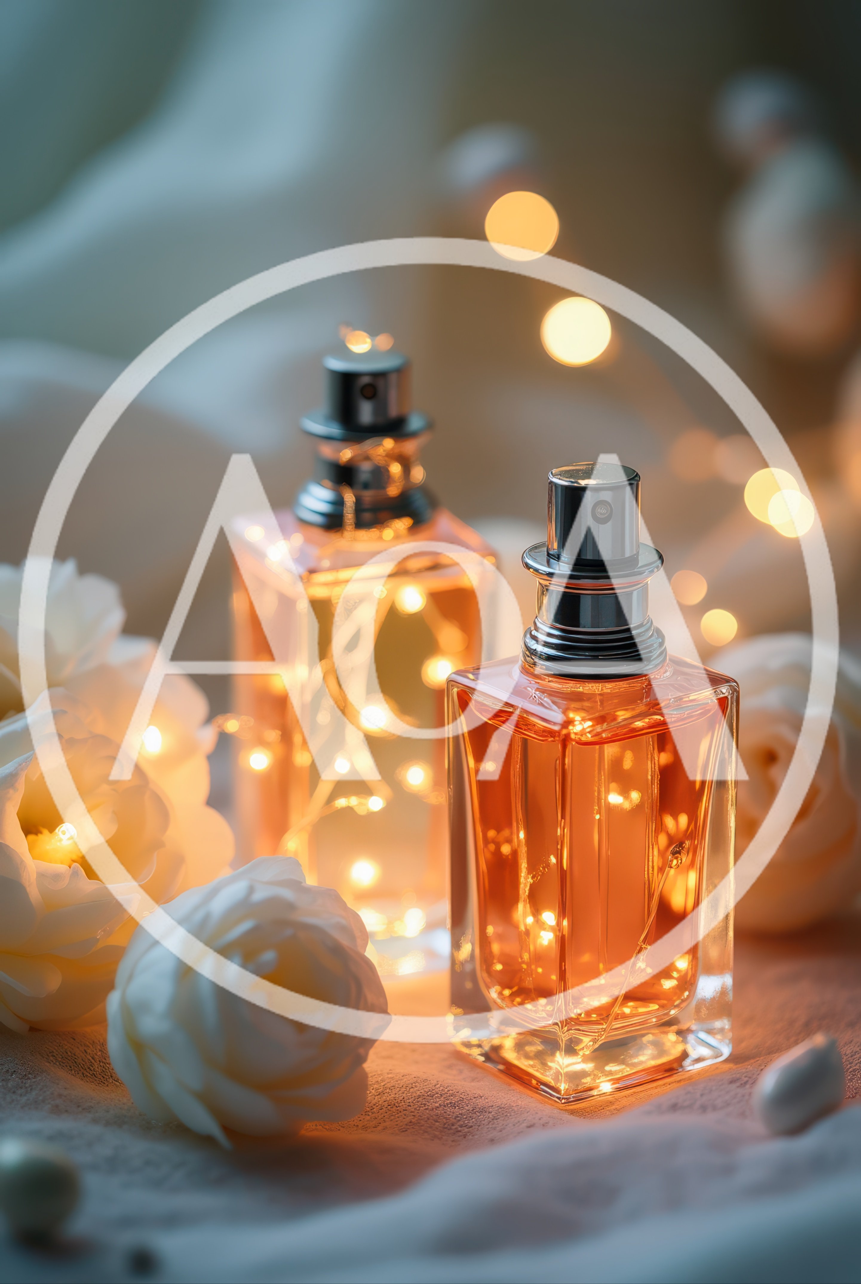 Two Perfume Bottles With Fairy Lights And White Roses
