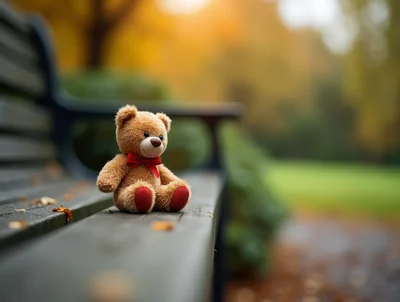Teddy Bear Sitting Alone On A Park Bench