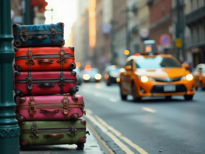 Stack Of Colorful Vintage Suitcases On City Sidewalk