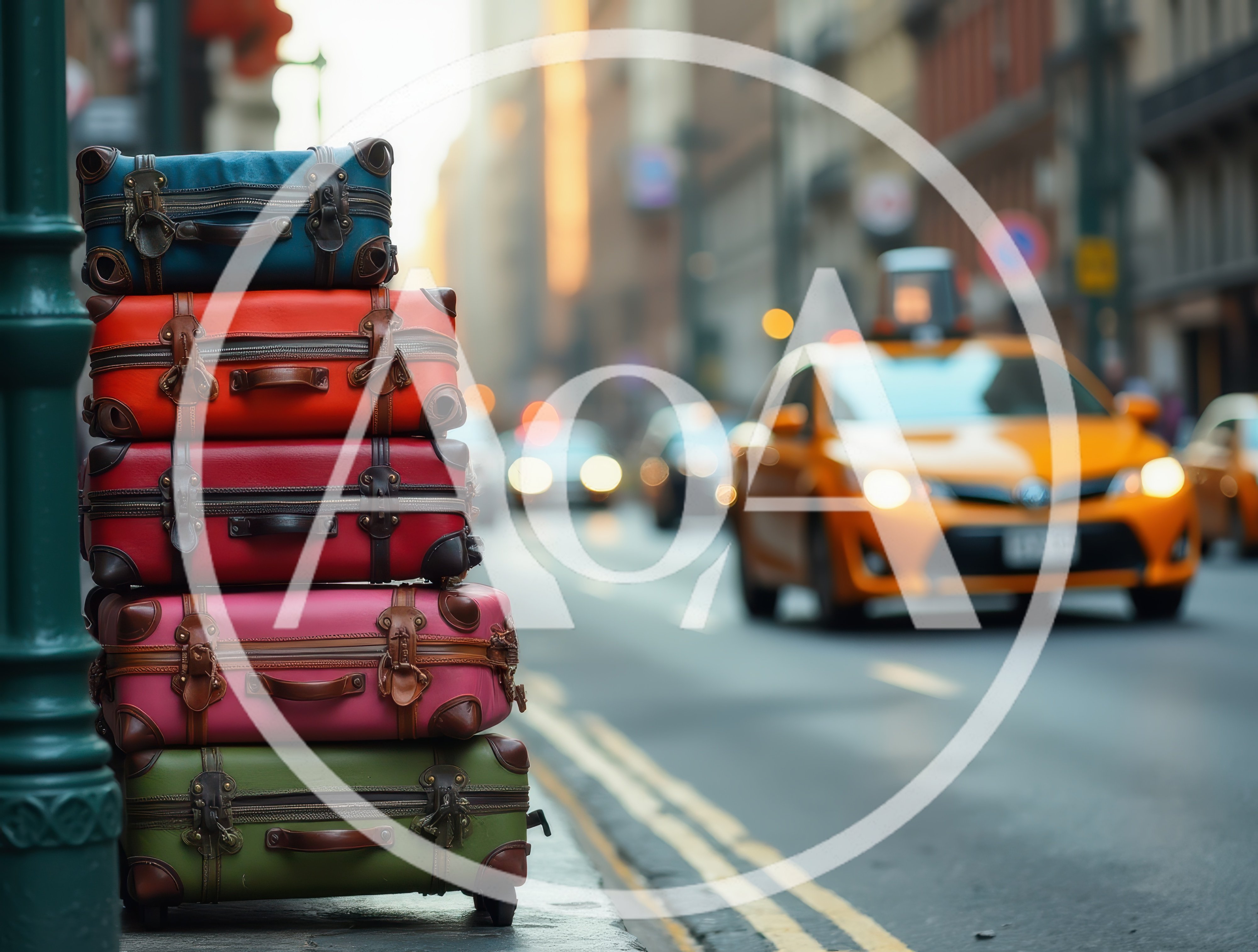 Stack Of Colorful Vintage Suitcases On City Sidewalk