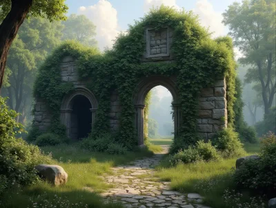 Ancient Stone Ruins Overgrown With Lush Green Ivy