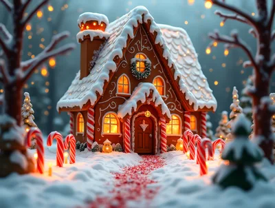 Festive Gingerbread House In A Snowy Winter Forest