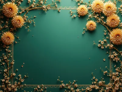 Elegant Floral Frame With Golden Flowers On Teal Background