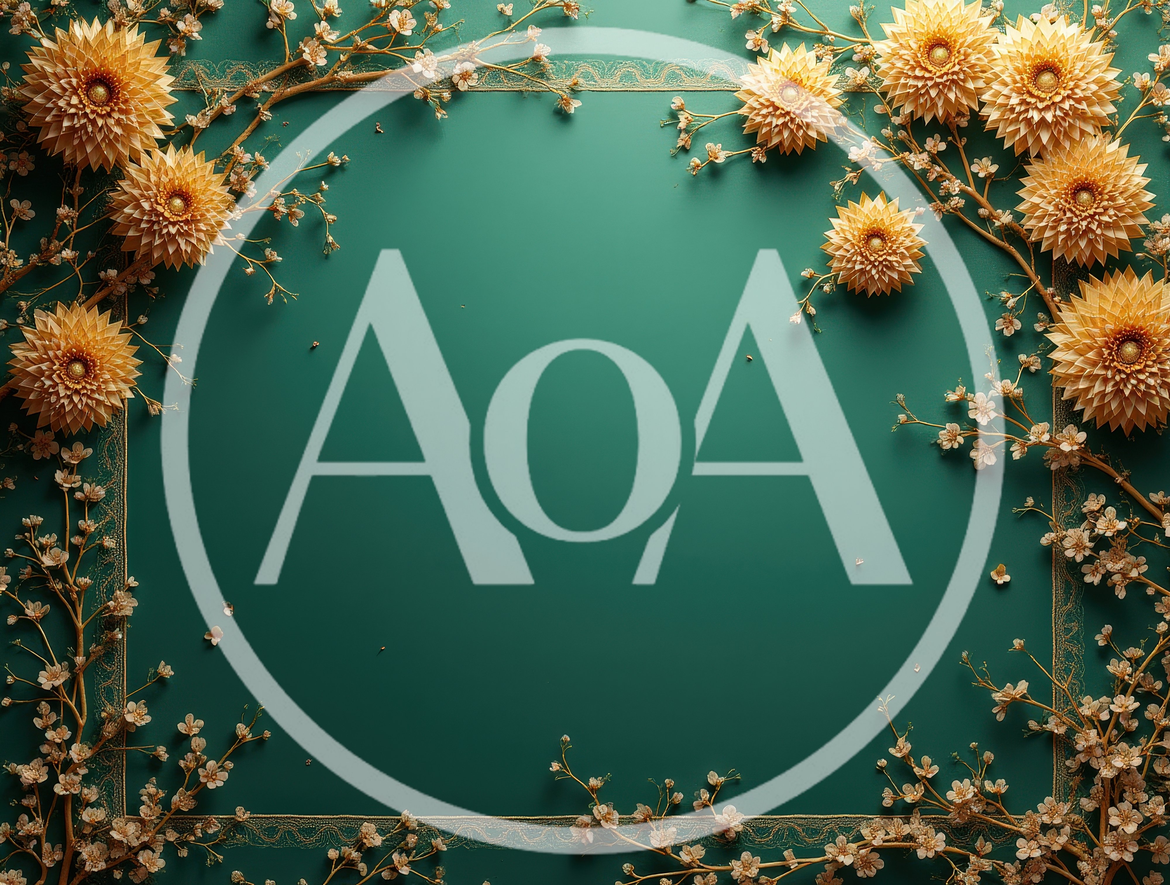 Elegant Floral Frame With Golden Flowers On Teal Background